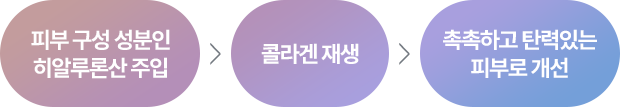 피부 구성 성분인 히알루론산 주입 > 콜라겐 재생 > 촉촉하고 탄력있는 피부로 개선