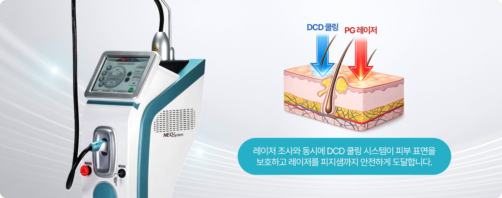 레이저 조사와 동시에 DCD 쿨링 시스템이 피부 표면을 보호하고 레이저를 피지샘까지 안전하게 도달합니다.